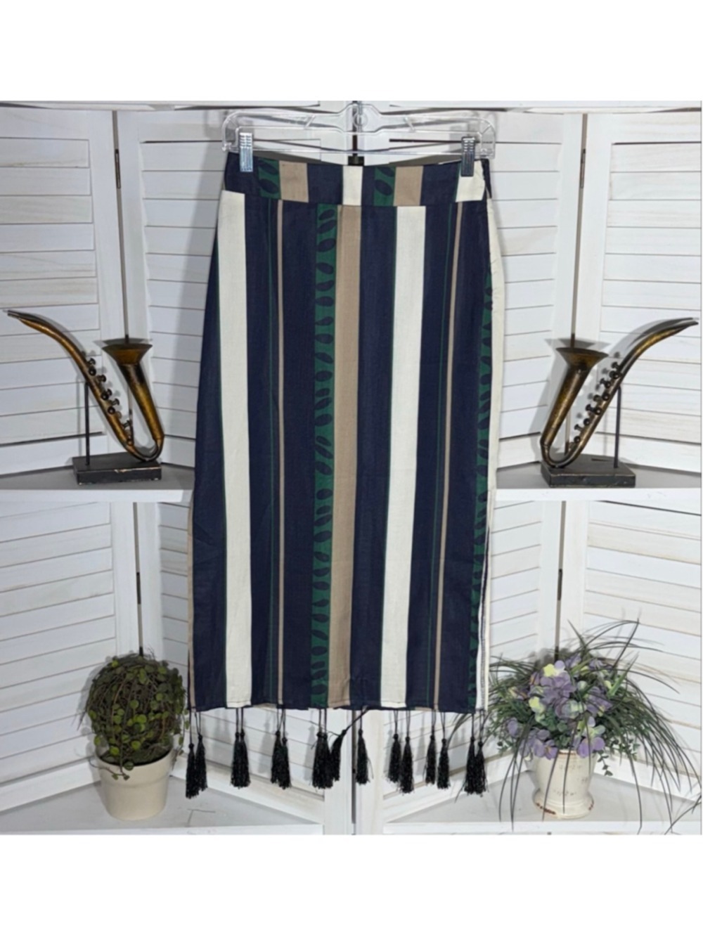 Vintage retro pencil skirt striped 60s mod hippie boho fringes western festival